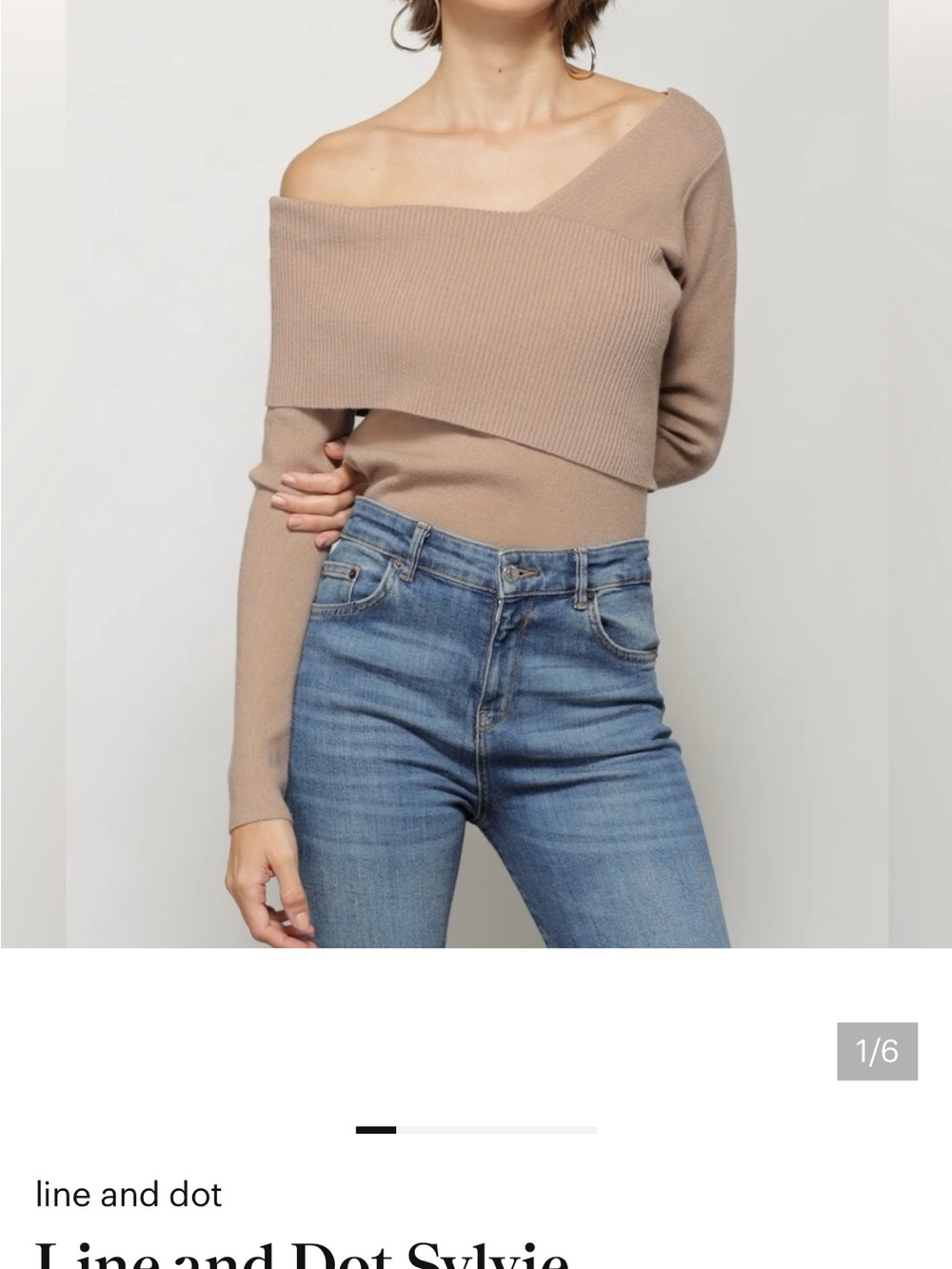 Line and Dot Off-Shoulder Ribbed Foldover Sweater - Tan